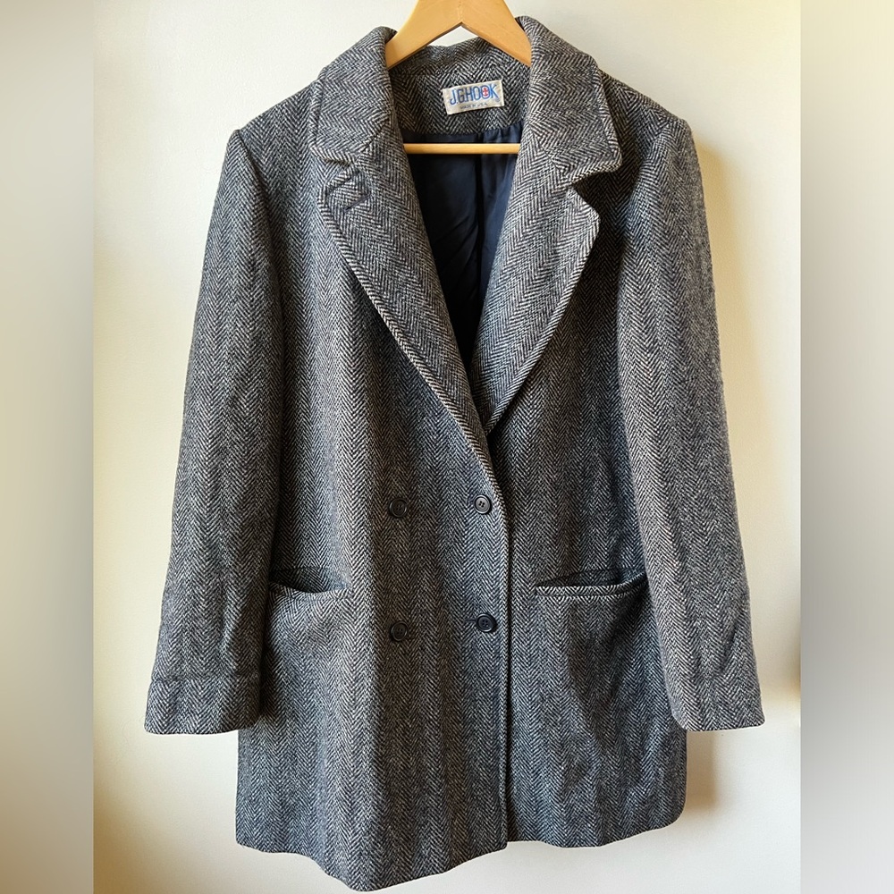 J G HOOK Vintage Herringbone Wool‎ Pea Coat Academia Oversized Double Breasted L